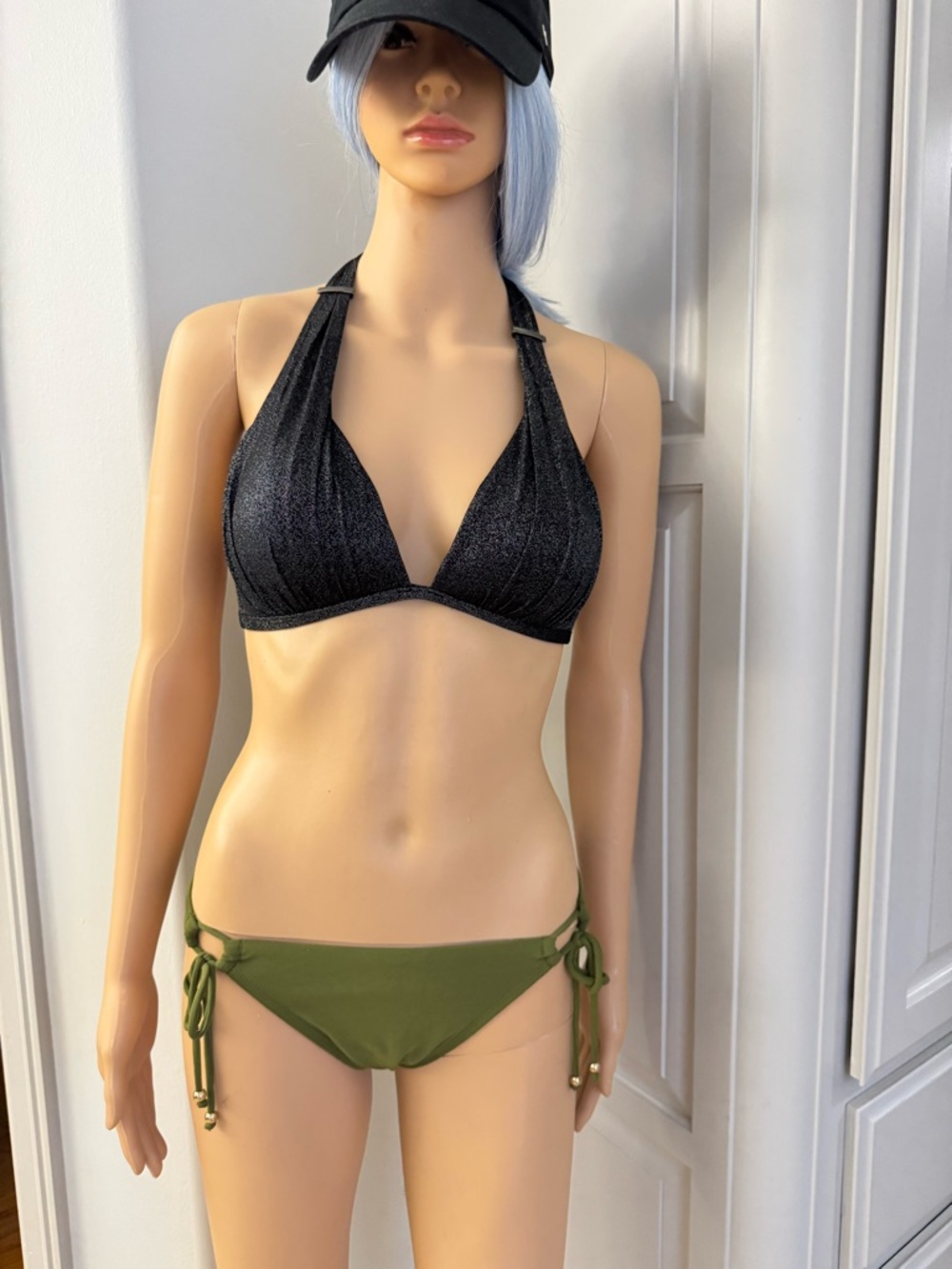 Kenneth Cole Black Shimmer Halter Top with Olive Green Tie-Side Bikini Bottoms